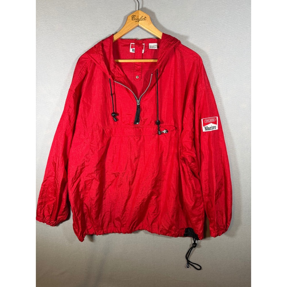 Vintage 90s Marlboro Unlimited Red Nylon Anorak Windbreaker Jacket XL 1/2 Zip